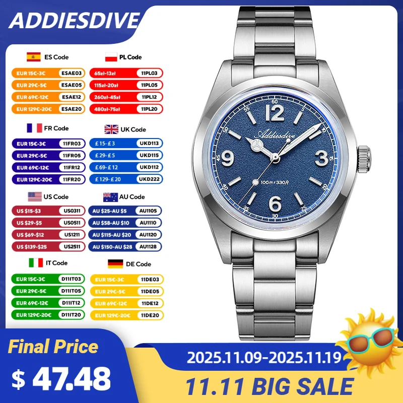 

ADDIESDIVE Men's Watches Waterproof 10Bar Super Luminous VH31 Quartz Wrist Watch 36mm AR Coated Domed Glass Luxury Dress Watch