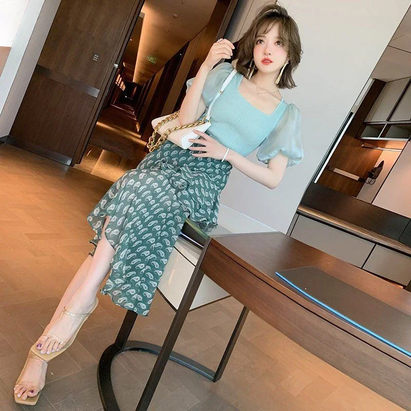 2 Pieces Sets for Women Beach Ruffles Skirt Printing Midi Short Sleeve Kawaii Woman Outfit New Matching Full Summer Fashion 2024