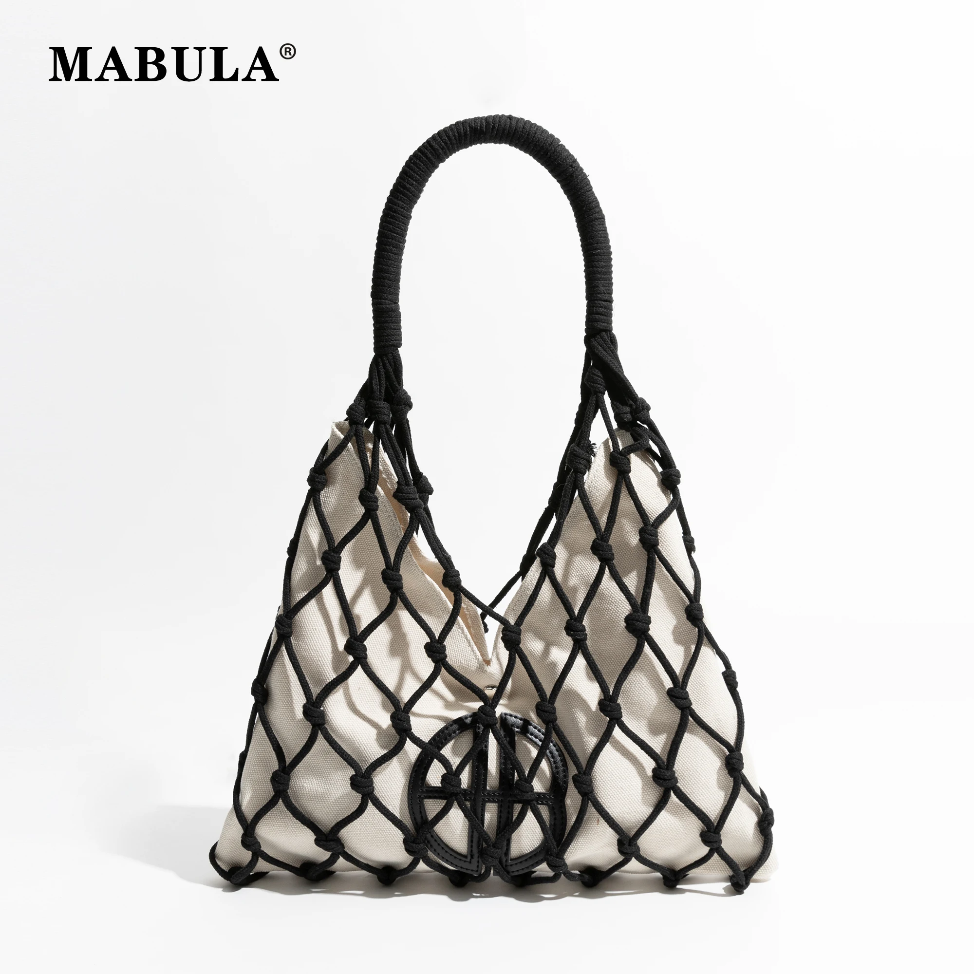 

MABULA Cotton Rope Knit Summer Fishing Net Bag for Women Woven Aesthetic Hollow Macarme Beach Purse Travel Handbag Shopping