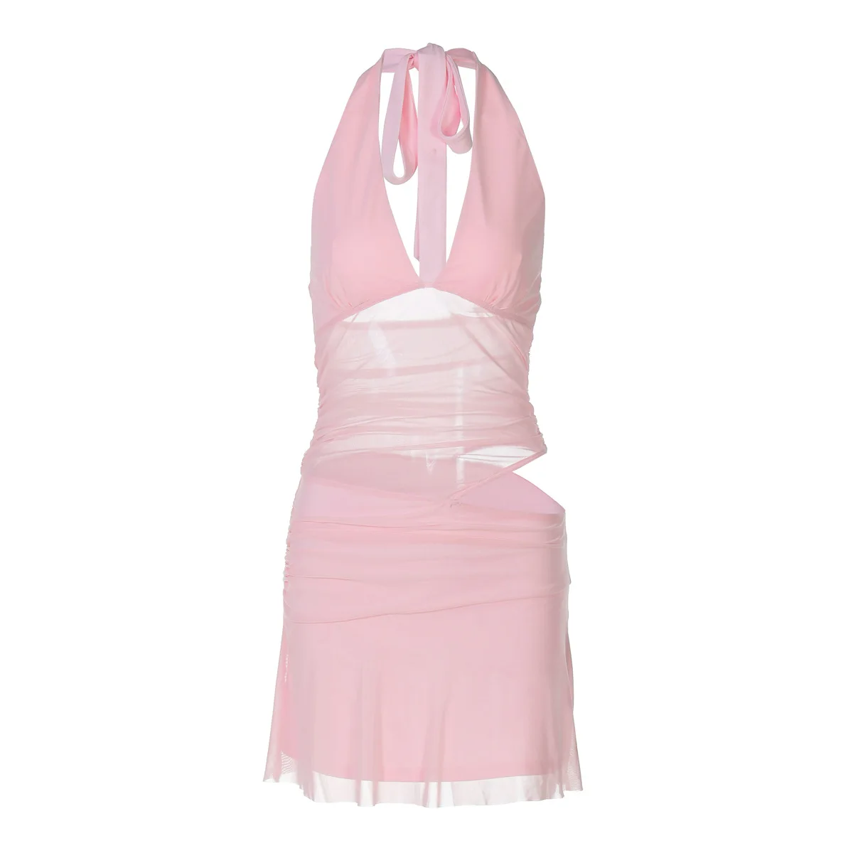 Nueva ropa de mujer de estilo europeo y americano, vestido Sexy de malla con empalme en V profundo, vestido corto con cuello Halter a la cadera, venta al por mayor