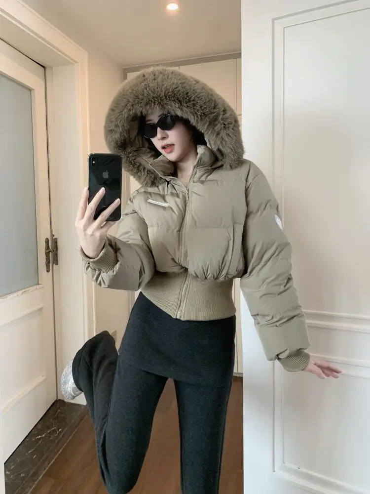 Koreanische Retro Frauen Schwarz Urlaub Kurze Unten Baumwolle Parkas Winter Khaki Zipper Mit Kapuze Mantel Dicke Warme Mode Beliebte Einfachheit