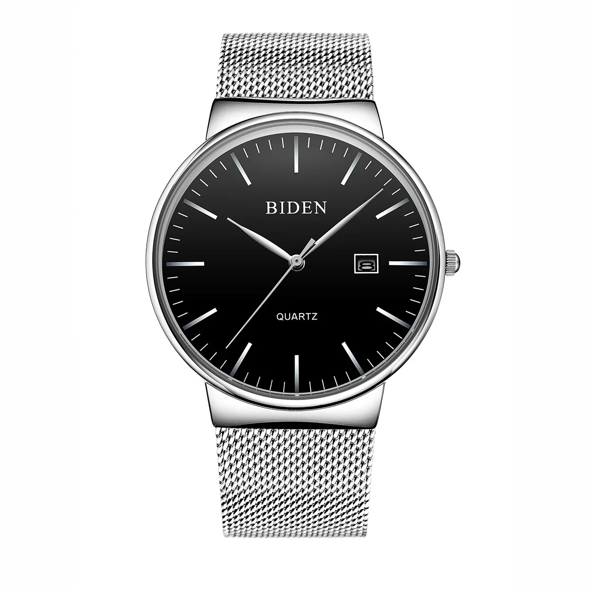 BIDEN High-end Lightweight Business Style Men's Quartz Stone Watch Stainless Steel Mesh Belt Calendar Waterproof Leisure