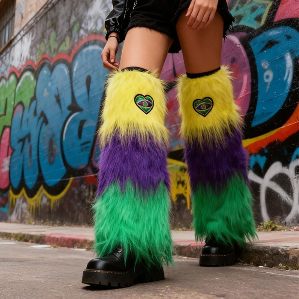 1 Pair Faux Fur Furry Leg Warmers Yellow Green Purple Mardi Gras Carnival Brazilian Boots Cover 45cm Sequin Long Tube Sock