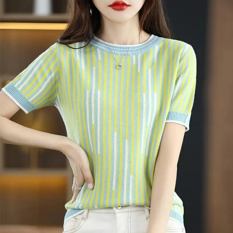 

Elegant Fashion Harajuku Slim Fit Female Clothes Loose Casual Sport All Match Knitwear Stripe Thin Style Short Sleeve T-shirts