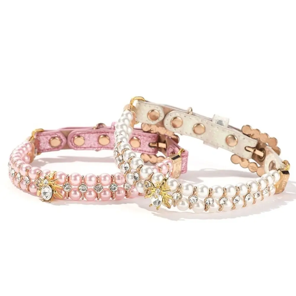 

Adjustable Dog Cat Pearl Collars Rhinestone PU Cat Necklace Bling Crystal Luxury Jewelry Neck Strap for Small Dogs for Kitten