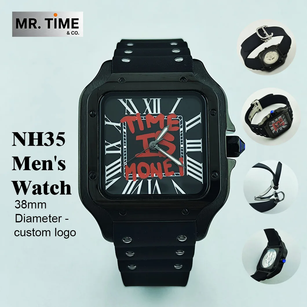 

2026 New NH35 Watch Time is Money Watch Rubber Watch Customized Logo Men's Stainless Steel Watch Square Watch NH35 Movement Watc
