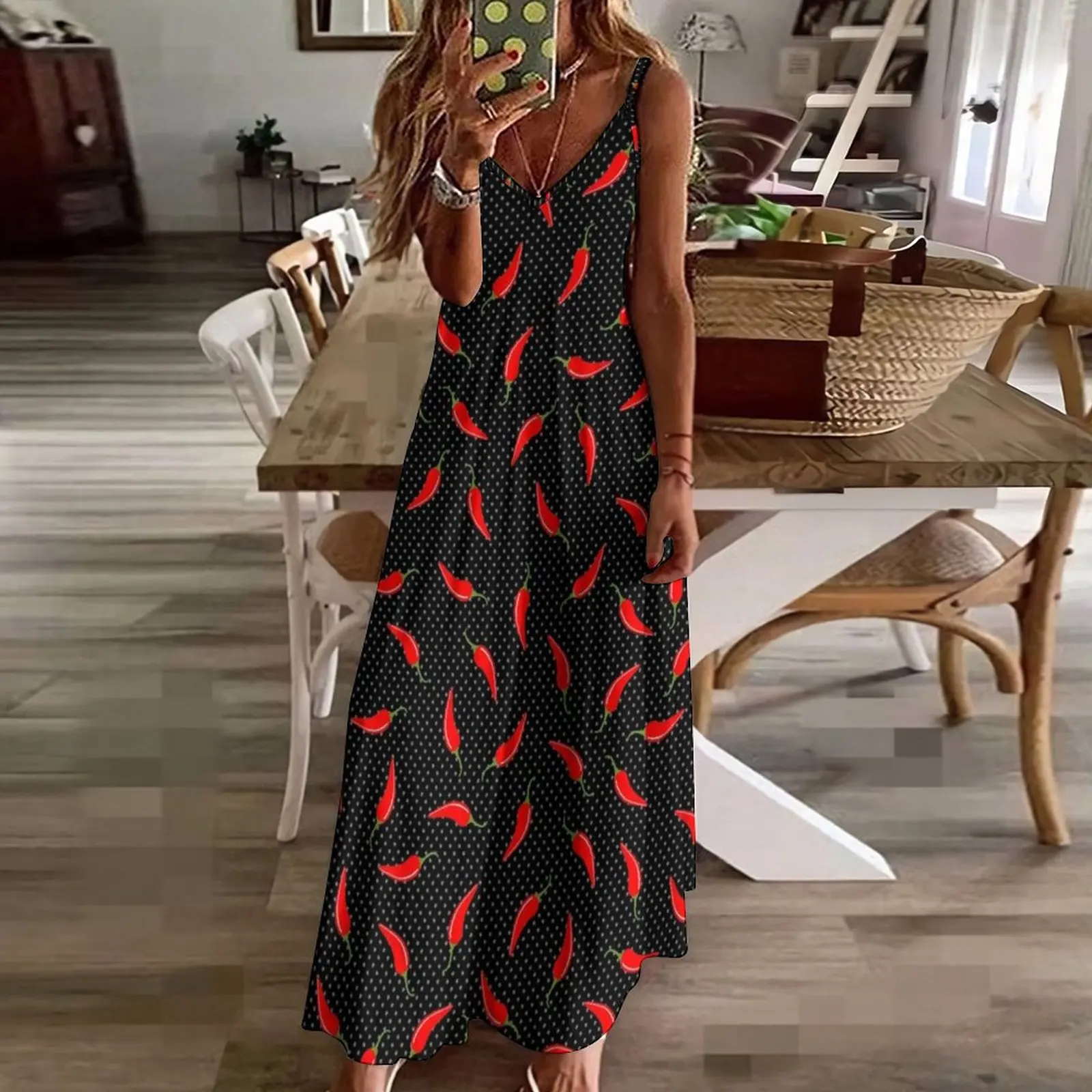 Vestido sin mangas de pimiento rojo oscuro y puntos para mujer, falda de verano, vestido de diario