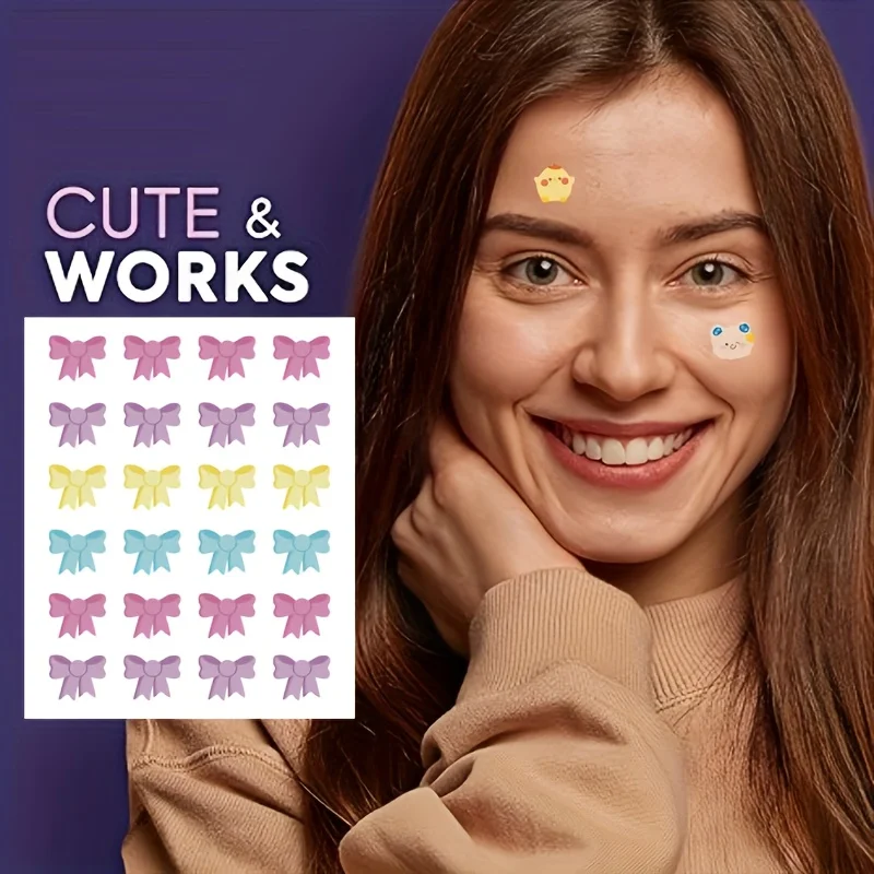 Parche para el acné de dibujos animados con lazo lindo de 48 piezas: sin alcohol, sin fragancia, no tóxico, resistente al agua. Adecuado para todo tipo de piel,