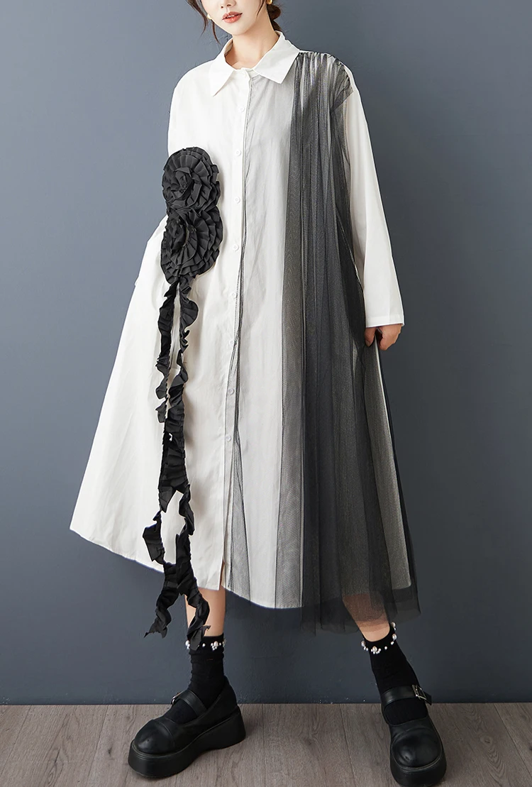 NYFS 2025 خريف جديد فضفاض حجم كبير خمر أسود اللون واحدة الصدر قميص فستان رداء قصير الأكمام غير النظامية فستان المرأة