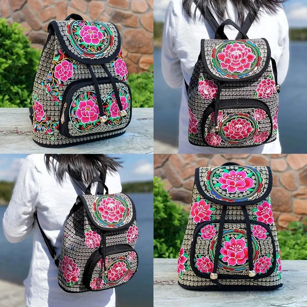 

Chic Peony Floral Embroidered Bags Canvas Ethnic Flower Backpacks Large Capacity Shopping Tote Women