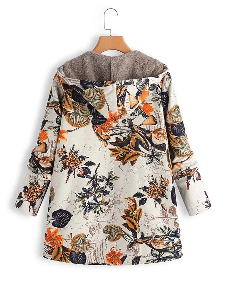 2023 New Women Winter Warm Floral Hooded Jacket Flower Print Hoody Vintage Oversized Coats Winter Padded Jacket Women Parkas