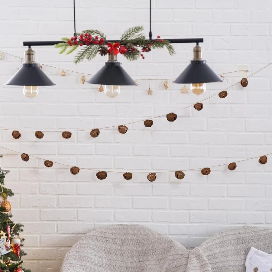 4 قطعة 6.5 قدم أجراس جلجل معدنية صدئة جارلاند مع أجراس عتيقة صدئة وسلسلة حبل الجوت لغطاء شجرة عيد الميلاد الريفية F