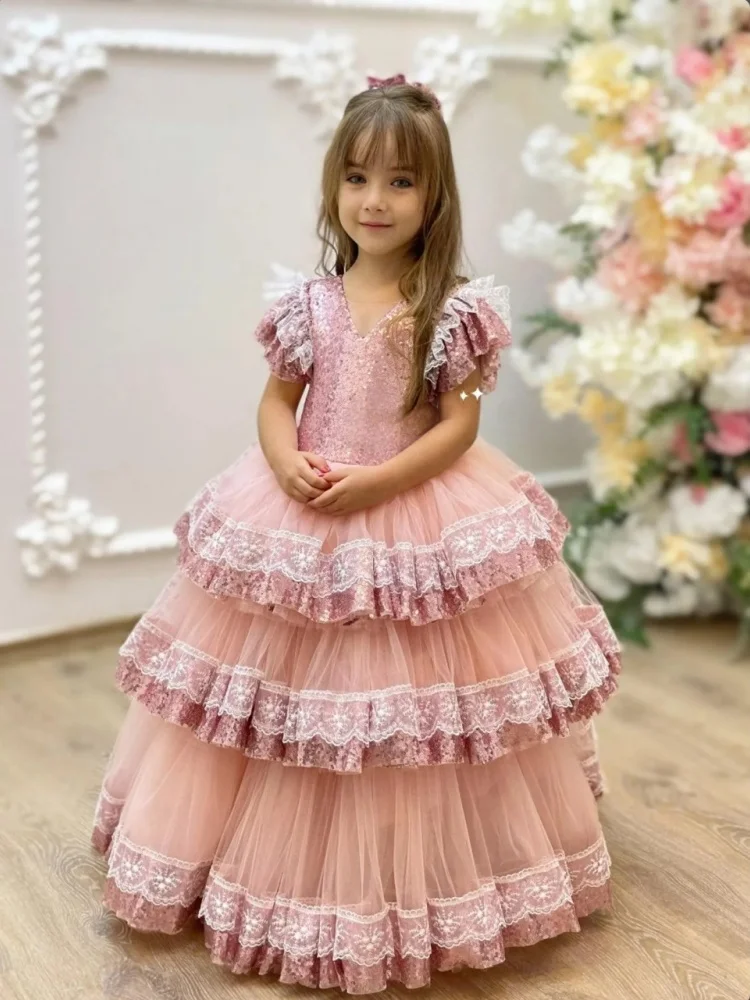 Customized Flower Girl Dress Dusty Pink Sequin Puff Short Sleeve Lace Trim Tiered Cake Tulle Ball Gown Pageant Birthday Party