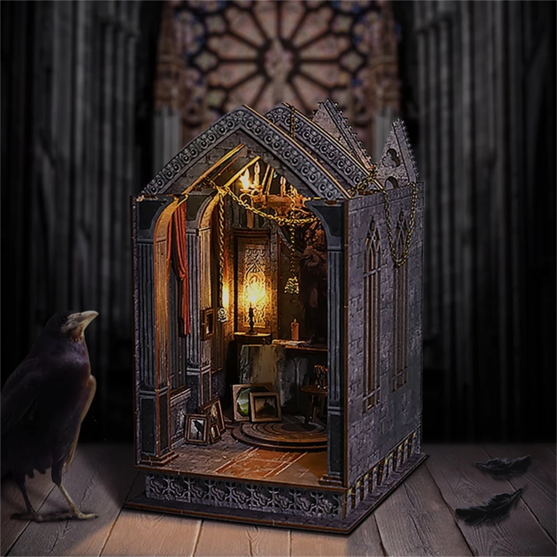 DIY Book Nook Wooden Miniature Model Kit Gothic Church Architecture Bookend Assembled 3D Puzzle Bookshelf Home Decor Adult Gifts