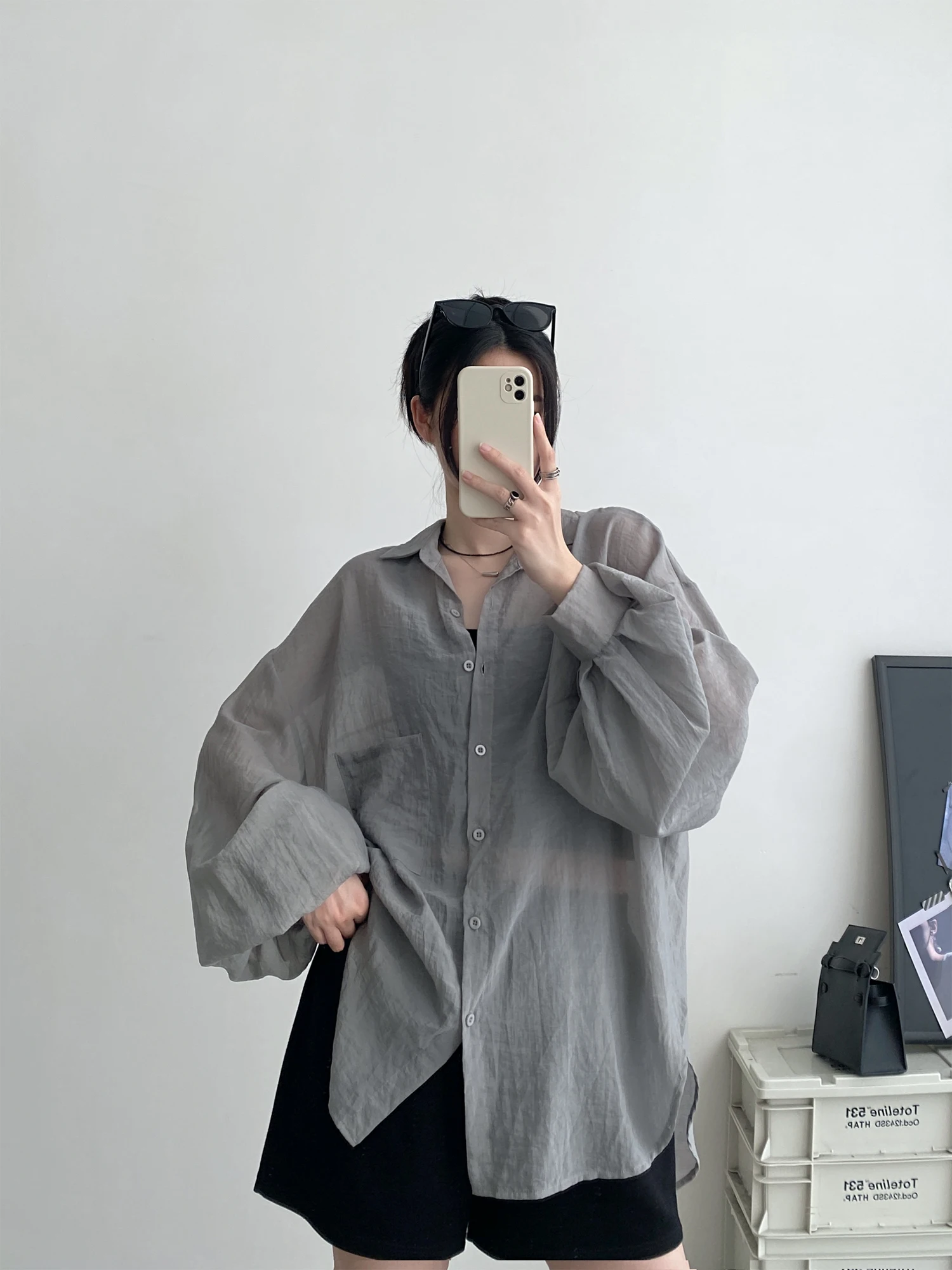 SunYeo Women's Loose Long Sleeve Collar Shirt Lantern Sleeve Transparent Design Commute Style Casual Comfortable Sun Pro...