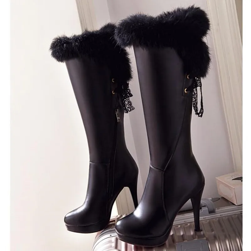 winter Rabbit\'s hair Frenulum Waterproof High-heeled white High cylinder Boots Thin and thin sexy fashion  knight Women Boots