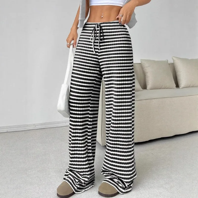 

Fall/Winter 2025 New Casual Striped Solid Color Rubber Drawstring Cotton Straight Pants
