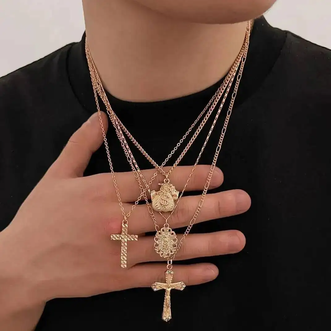 SHIXIN 4 Pcs/Set Hip Hop Punk Jesus Cross Pendant Necklace for Men Trendy Gold Color Adjustable Clavicle Chain Rock Jewelry Gift