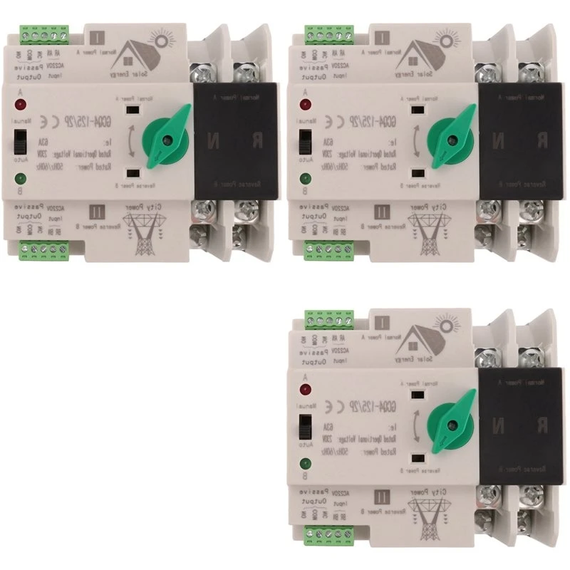 AT51-3X Photovoltaic Solar Power ATS Automatic Transfer Switch Din Rail 2P 63A AC220V ATS PV System Power To City Power
