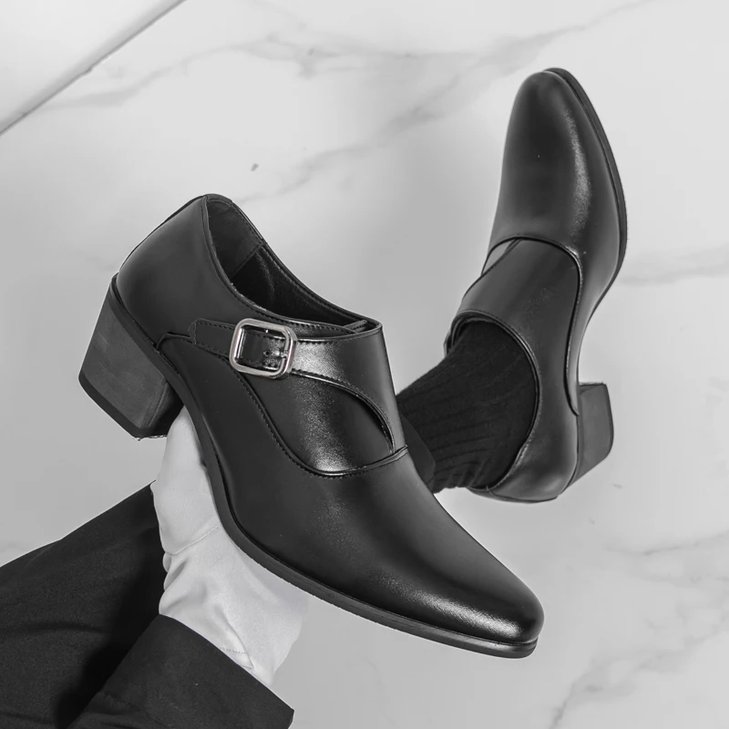 2026 Spring New Classic Black High-heeled Banquet Leather Shoes Brand Fashionable Men's Comfortable Pointed Casual Leather Shoes