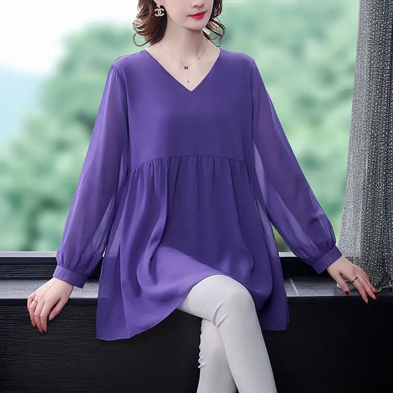 Women\'s Spring Autumn Fashion Elegant Solid V-Neck Pullover Chiffon Lace Temperament Versatile Long Sleeve Loose Mid Length Tops