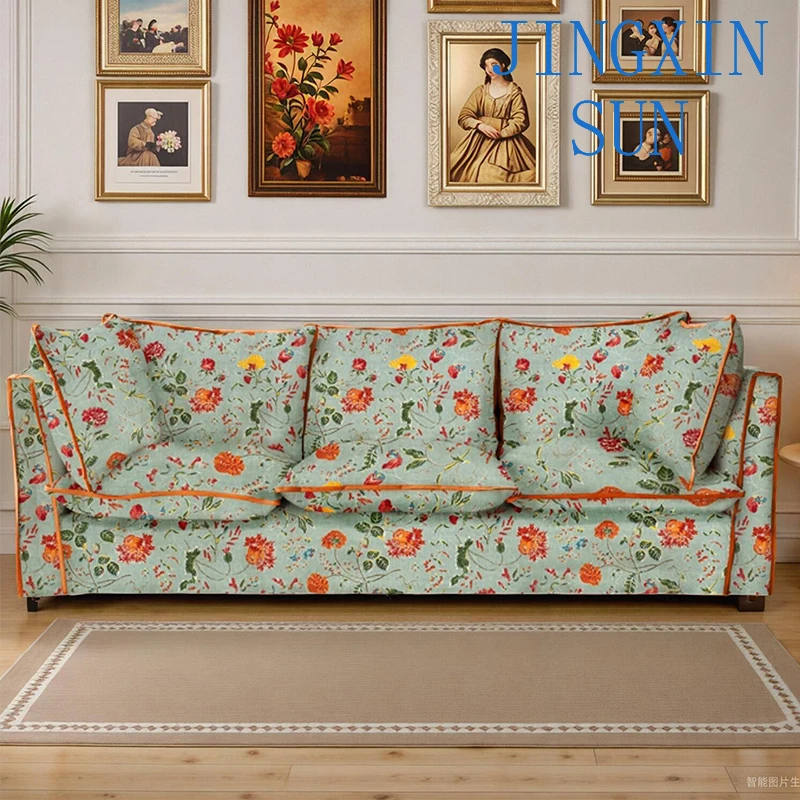 American floral fabric sofa small apartment floral three-person sofa French retro living room solid wood sofa combination