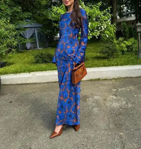 

Fashionable Temperament, Multi-Color Printed Long Sleeved Lace Up Waist Dress, Round Neck Women's Waist Cinched A-Line Dress