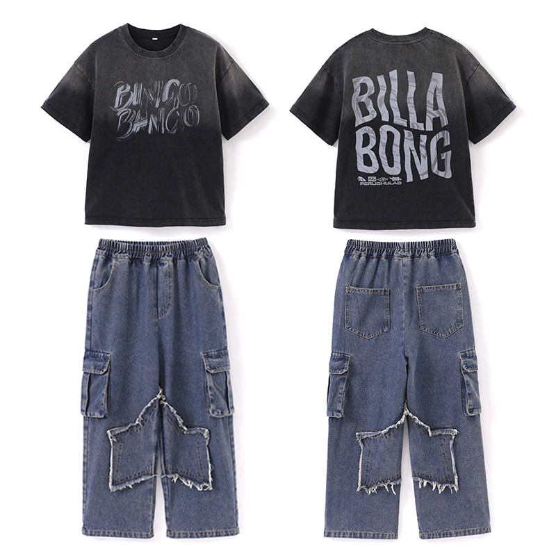 Kinderen Hiphop Kleding Meisjes Graffit Tshirt Street Dance Cagro Denim Broek Joggers Kinderen Jazz Kostuums Tienerkleding Sets