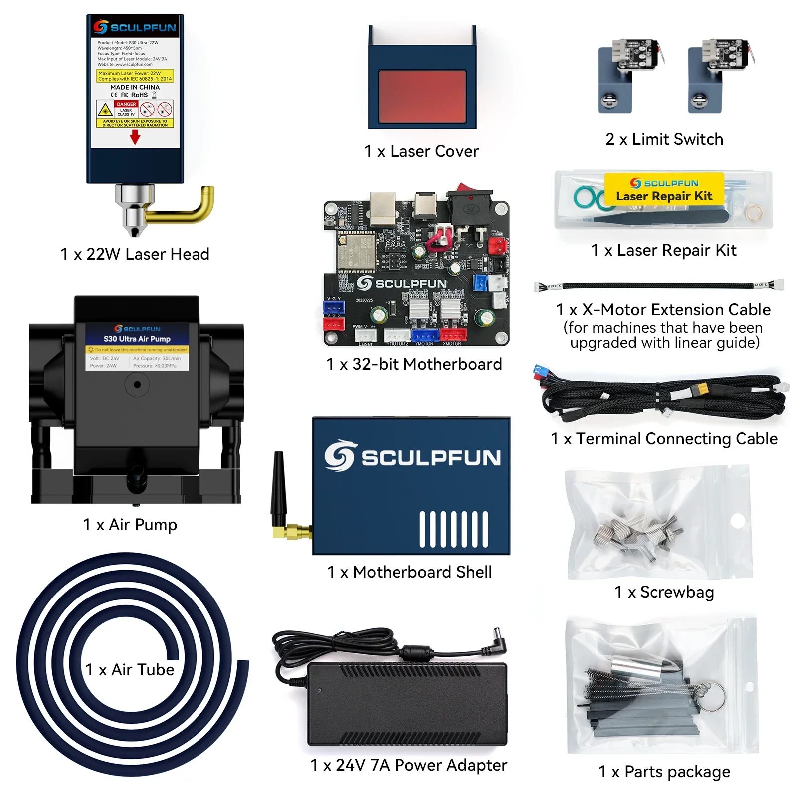 Original SCULPFUN 22W Laser Module Kit with 32-bit Motherboard High-speed Air Assist Pump and XY Limit Switch Direct Use for S9