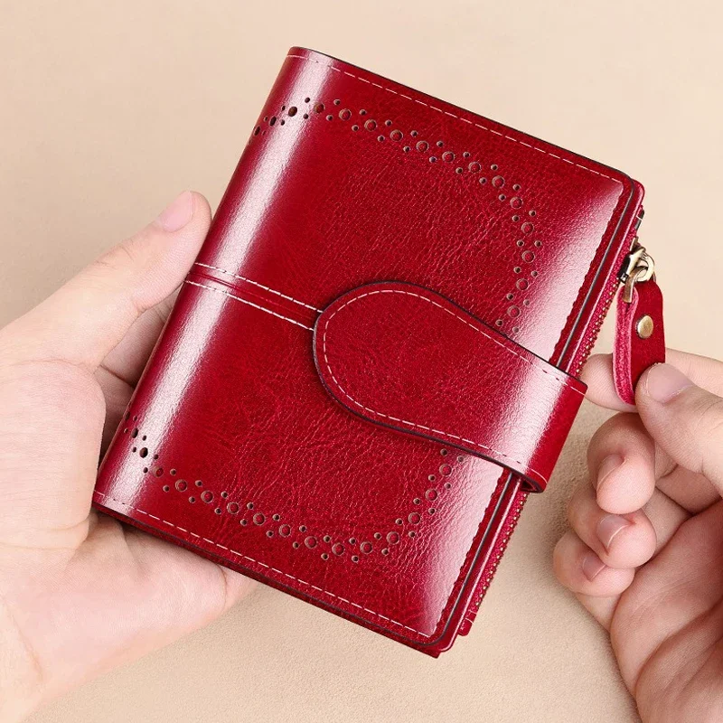 Genuine Leather Wallets for Women Trifold RFID Card Holder Luxury Designer Zipper Pocket Coin Purses Fashion Hollow Out Wallet