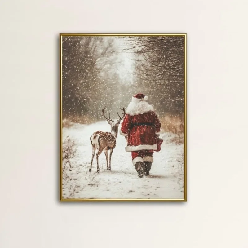 Santa Claus Reindeer Wall Art Print, Forest Snowfall in Winter Prints Christmas Home Decor, Holiday Home Improvement