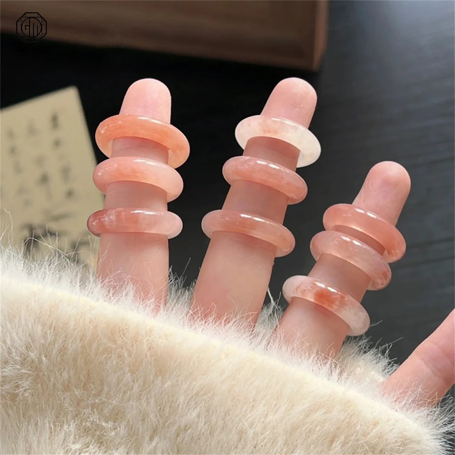 Pink Peach Blossom Jade Band Ring Natural Tianshan Snow Emerald Adjustable Light Luxury Chinese Style Gemstone Stackable Couple