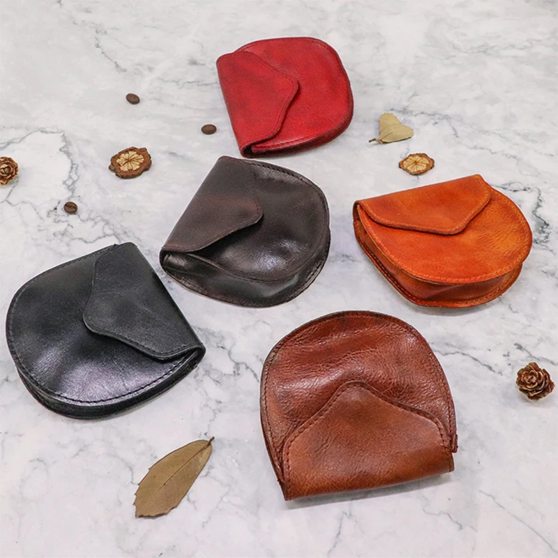 Retro Genuine Leather Coin Purse for Men Horseshoe Design Small Flap Wallet Square Handmade Female Leather Mini Card Holder 2023