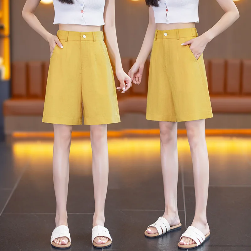 خفيفة الوزن الكتان ملابس خارجية السراويل عارضة مستقيم المرأة السراويل الصيف فضفاضة السراويل الساخنة ثنيات السراويل خمس نقاط
