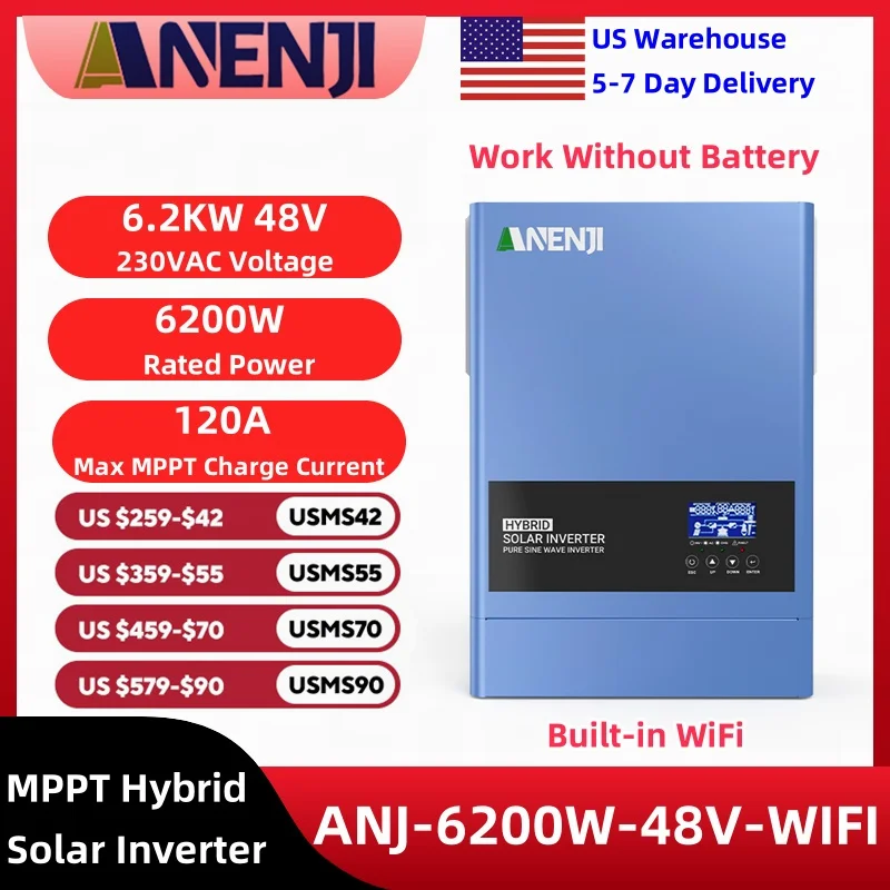 ANENJI 6.2KW 220v Hybrid Inverter Solar 48v Off Grid Inversor Built 120A MPPT Charge Controller With WiFi For Home Energy System