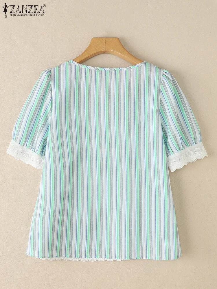 ZANZEA, Blusas a rayas para Mujer, moda elegante de encaje con retazos, cuello cuadrado, manga abombada, Blusas para Mujer, ropa de día, Tops tipo bata de verano