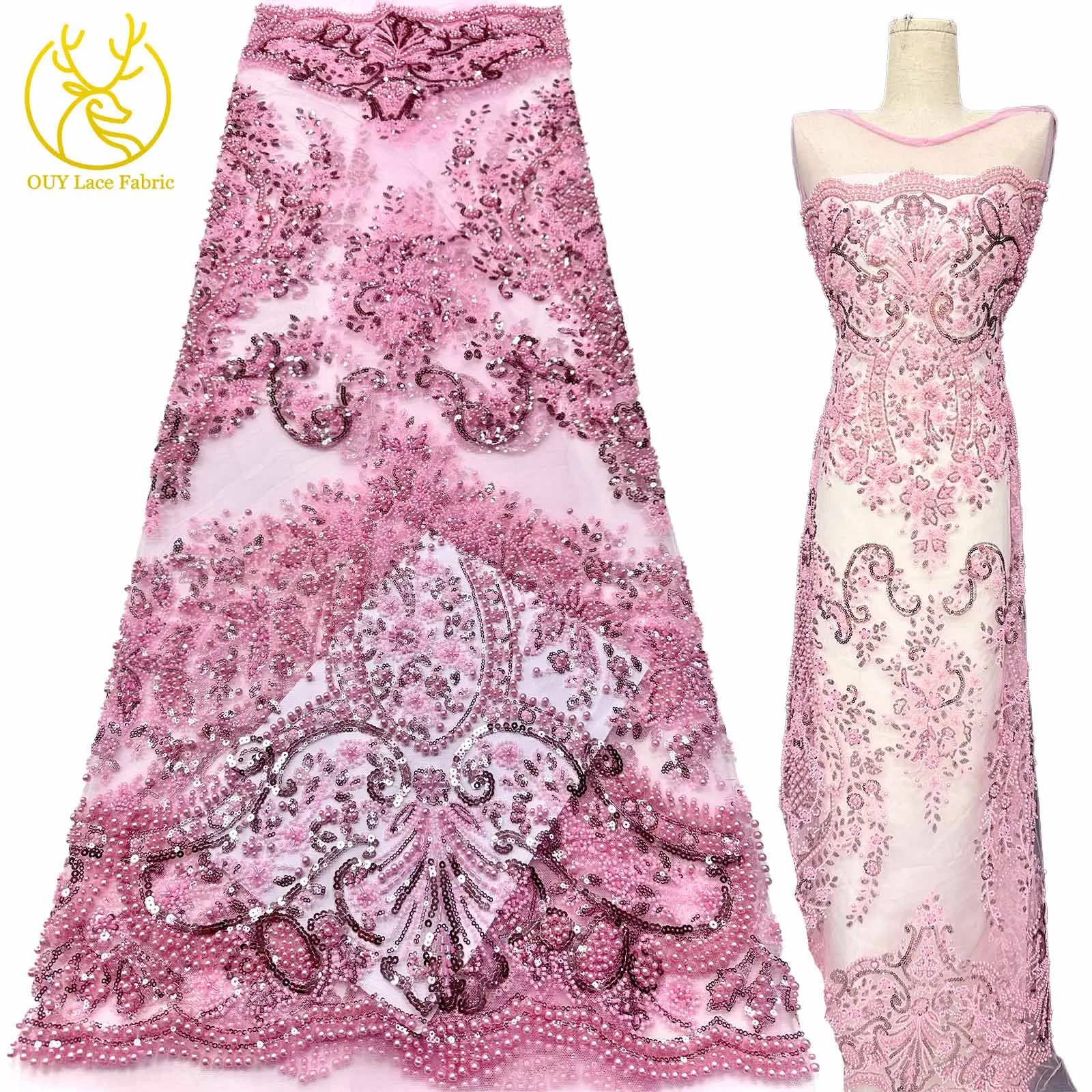 

2025 African Luxury Pink Beaded Lace Fabric 5 Yards French Nigerian Sequins Beaded Lace Fabric Wedding Party Dresses Women's