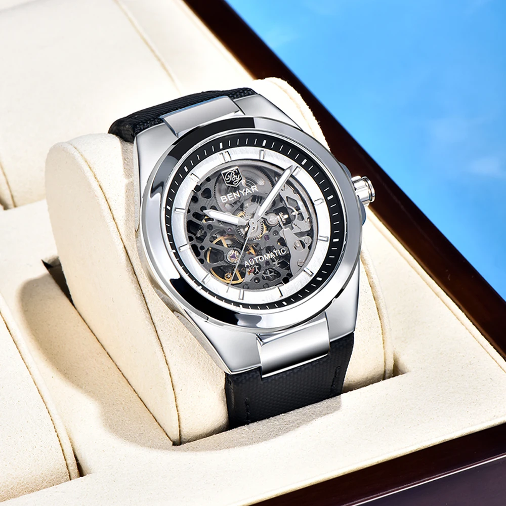 ساعات BENYAR للرجال ساعة يد ميكانيكية ساعات حركة أوتوماتيكية للرجال تصميم مجوف على مدار الساعة مرآة زجاجية صلبة