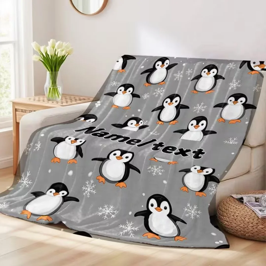 Custom Name Text Penguin Digital Print Portable Flannel Blanket, Lightweight Soft Warm Throw for Sofa Bed Travel Camping Office,