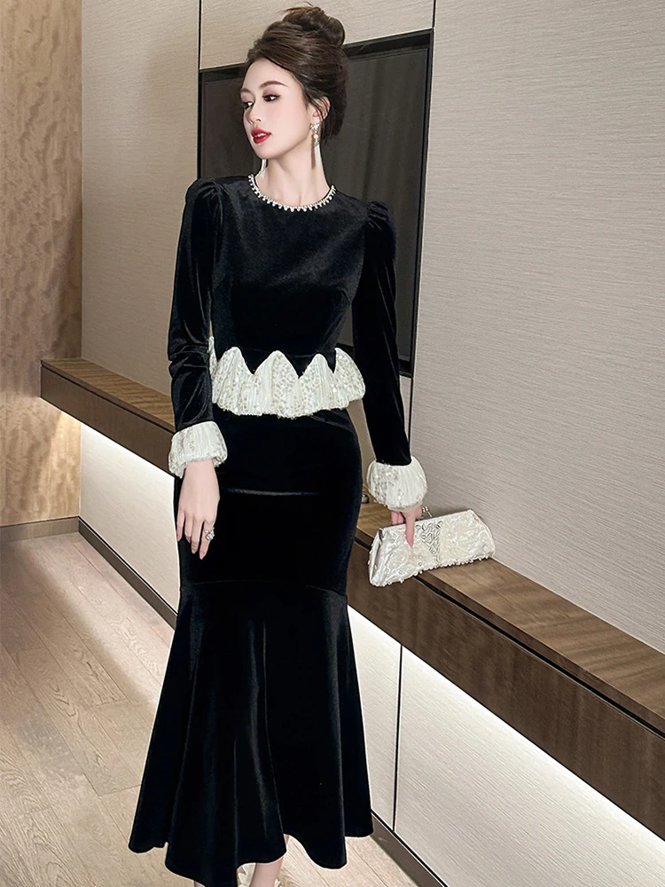 Women's Exquisite Elegant Fake 2 Piece Formal Evening Dress Lady Sweet Diamonds Sheer Mesh Sequin Fishtail Robe Party Vestidos