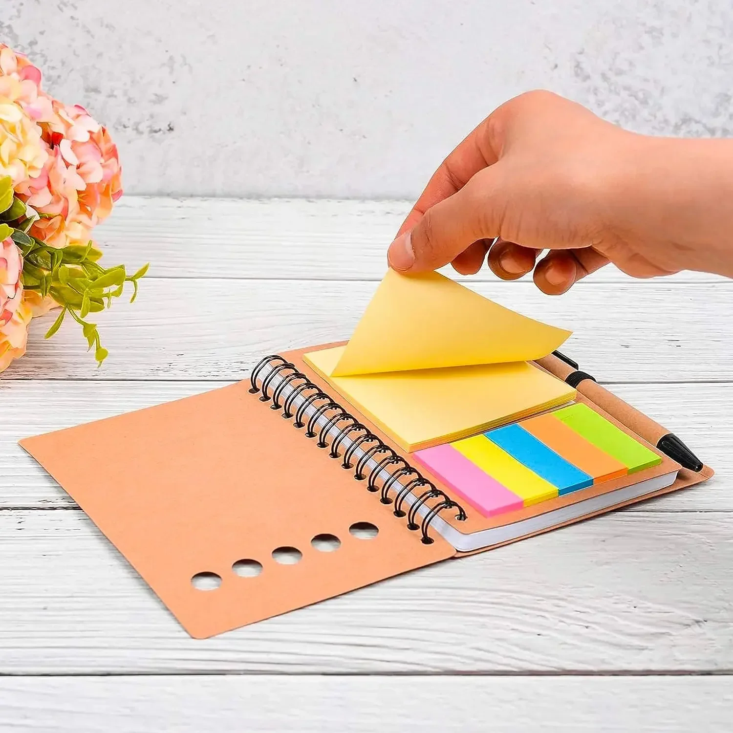 Lined Spiral Notebook Kraft Paper Cover Notepad with Pen in Holder, Sticky Notes and Page Marker, Business Small Notebook