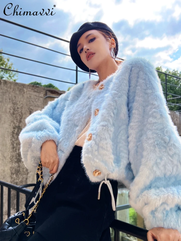 

French Elegant Style Round Neck Long Sleeve Single-Breasted Loose Casual Versatile Blue Faux Fur Coat Women Winter Short Jacket