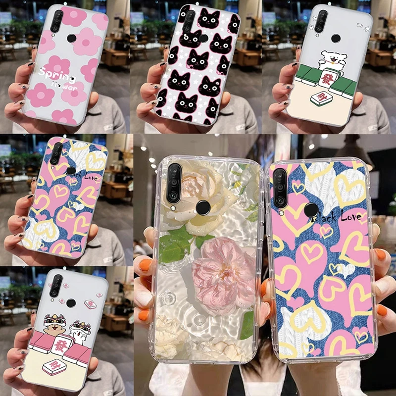 

Cute Cat Love Flower Butterfly Girls Phone Case For Huawei Y6 Y7 Y9 2019 P Smart 2019 2021 P20 P30 P40 Lite E Pro Honor 9X Cover