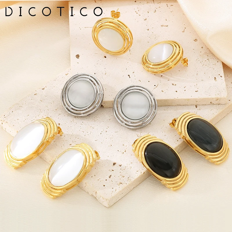 New Round Oval Cat's Eye Stone Women's Earrings French Luxury Geometry Stainless Steel Stud Ear Mujer Wedding Party Jewelry