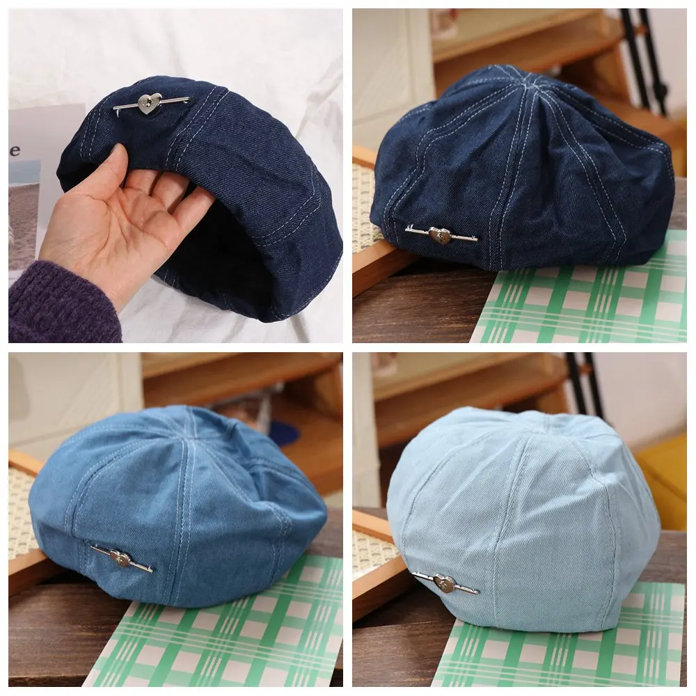 Fashion Solid color Love Heart Beret Korean Style All-match Denim Octagonal Hat Y2K Harajuku Cowboy Beret Cap Girl