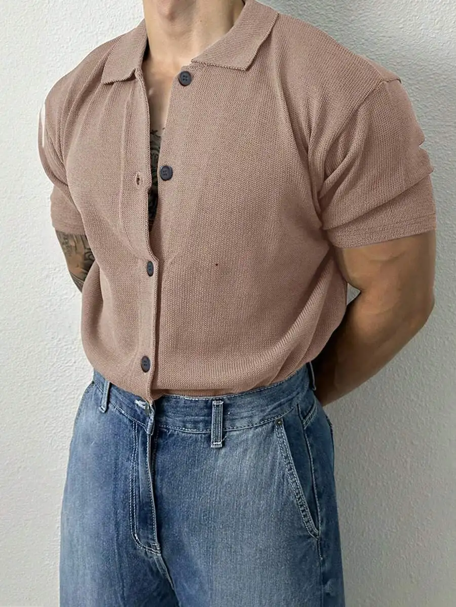 

Men's Knit Short Sleeve Button-Up Shirt in Solid Beige, Casual Fit for Spring Autumn
