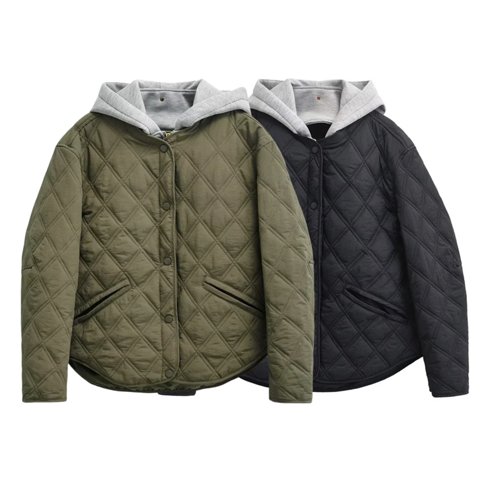 

Осенне-зимнее пальто 2025 г., повседневная новая женская искусственная хлопковая куртка из двух частей с капюшоном и длинными рукавами с ромбовидным узором