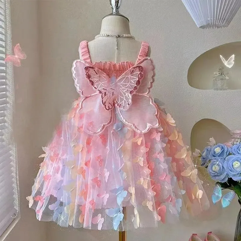 New Summer Baby Girl Dress Halter Butterfly Back Wings Fantasy Princess Dress Sweet Birthday Party Team Dress