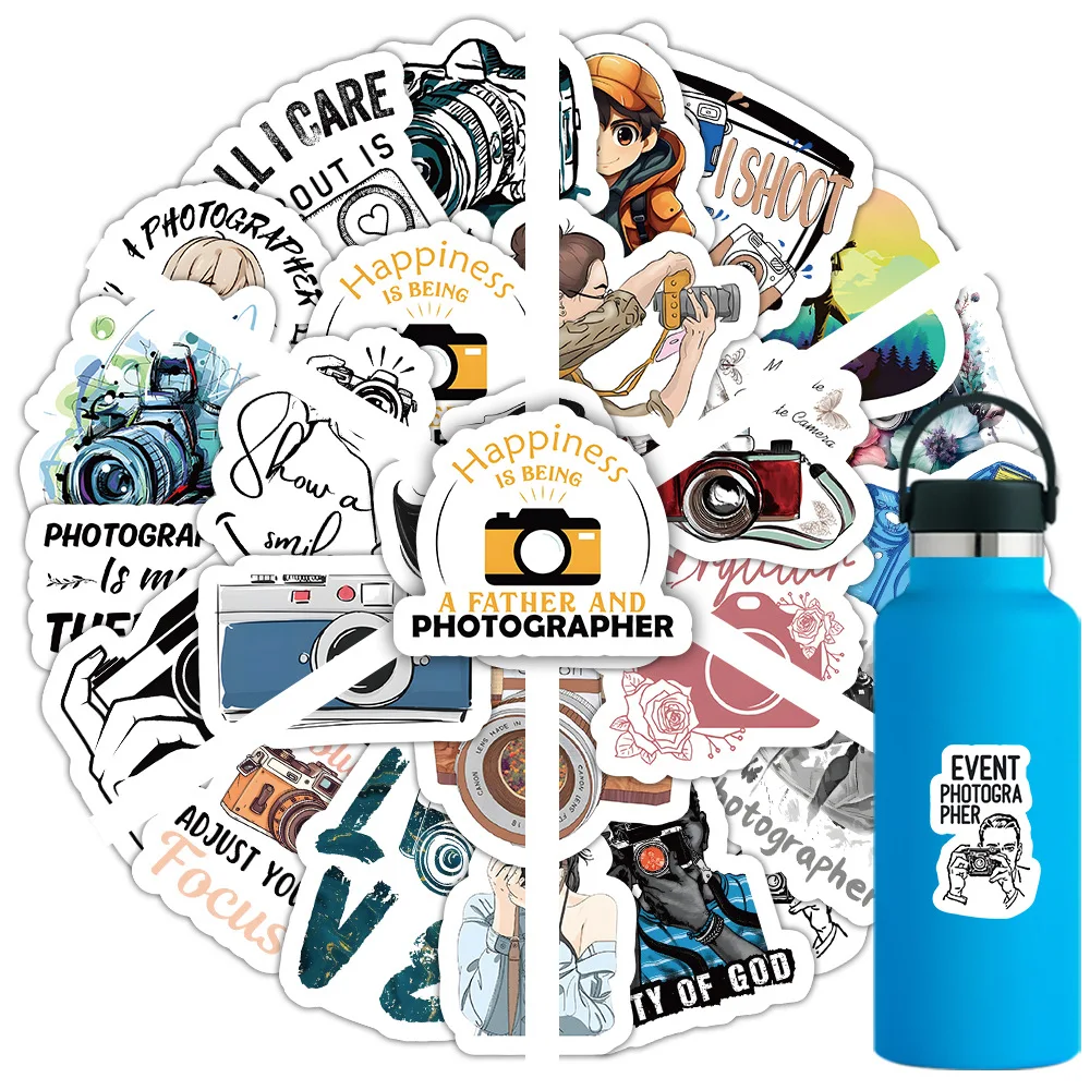 54 pezzi interessanti adesivi per cartoni animati per fotografo, gadget per fotocamera, decalcomanie, bagagli, skateboard, tazza, telefono, adesivi impermeabili