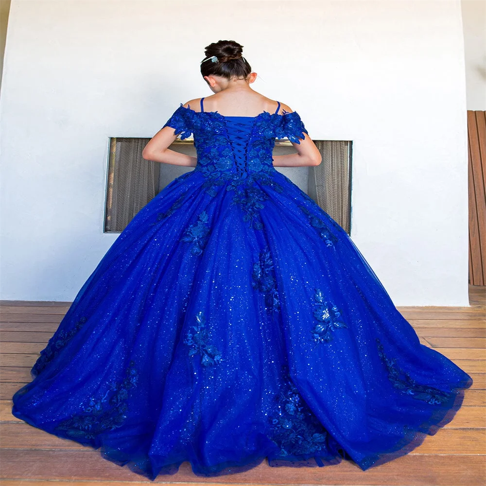 Vestido de menina flor azul real com faixa de espaguete adesivos de renda gaze fina princesa concurso de beleza evento formal